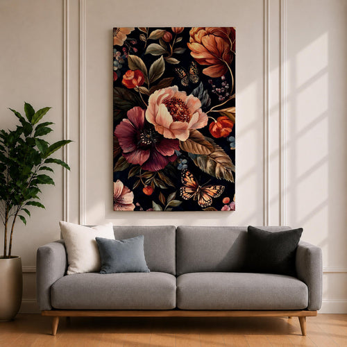 A detailed vintage-style floral artwork featuring large blooming flowers and butterflies on a dark background. The composition highlights intricate petals and leaves with a classic botanical aesthetic, rendered in rich, muted tones that emphasize the natural beauty and delicate textures of the flowers and insects.