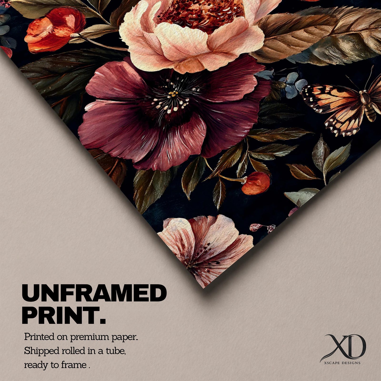 A detailed vintage-style floral artwork featuring large blooming flowers and butterflies on a dark background. The composition highlights intricate petals and leaves with a classic botanical aesthetic, rendered in rich, muted tones that emphasize the natural beauty and delicate textures of the flowers and insects.