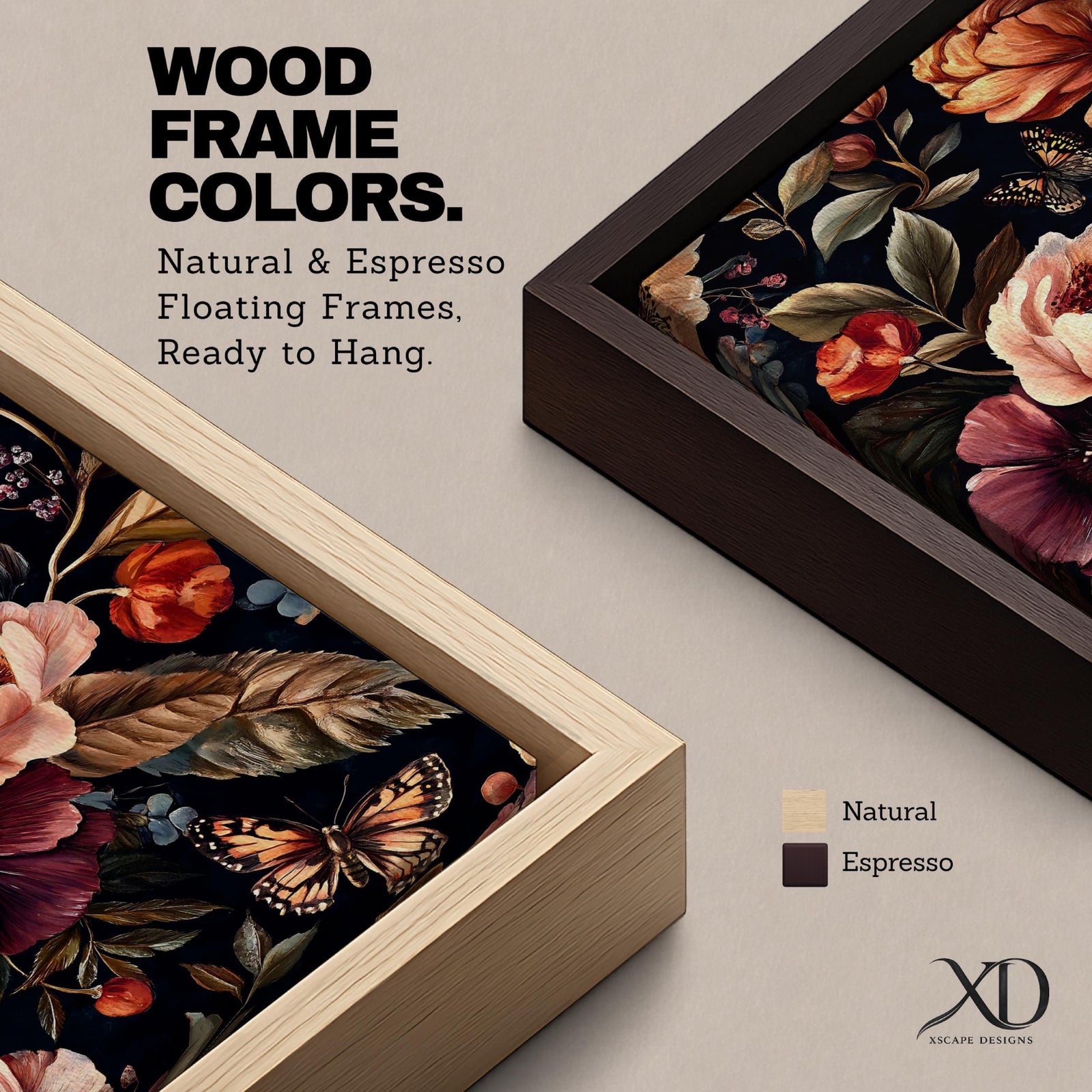 A detailed vintage-style floral artwork featuring large blooming flowers and butterflies on a dark background. The composition highlights intricate petals and leaves with a classic botanical aesthetic, rendered in rich, muted tones that emphasize the natural beauty and delicate textures of the flowers and insects.
