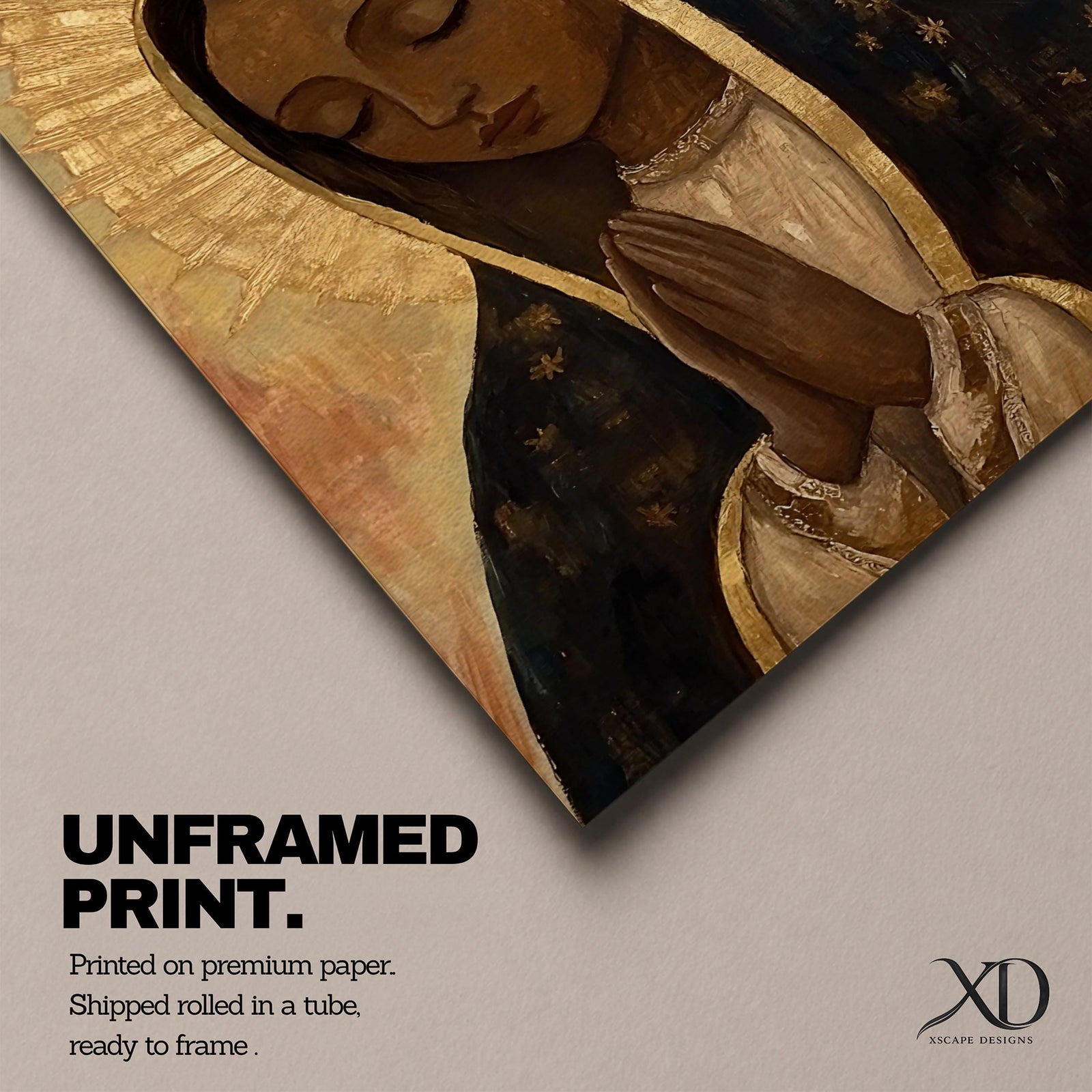 A vintage-style framed canvas painting of Our Lady of Guadalupe depicts the Virgin of Guadalupe with closed eyes and hands clasped in prayer, surrounded by a radiant golden halo. The artwork features traditional Mexican Catholic iconography with a muted color palette and textured brushstrokes.