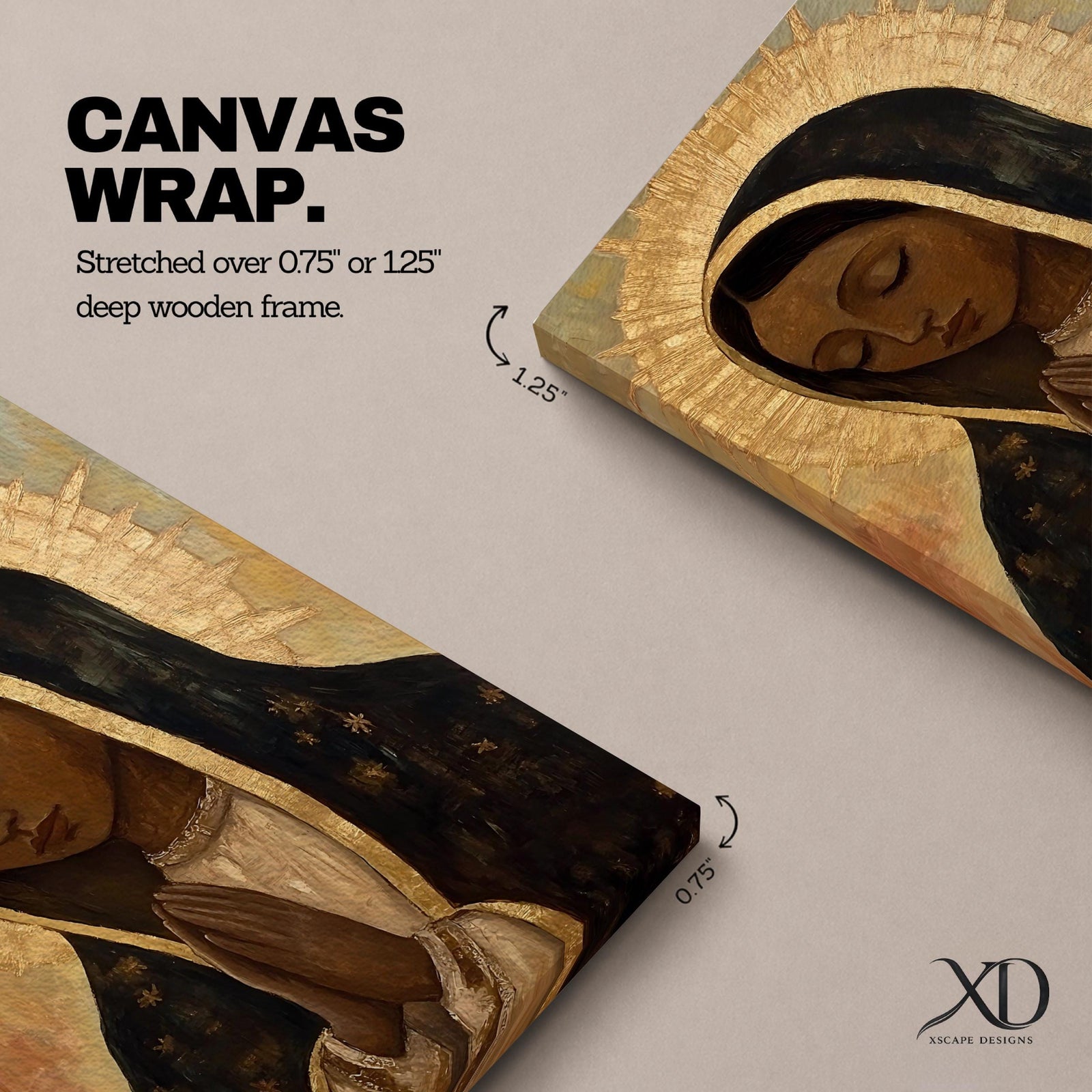 A vintage-style framed canvas painting of Our Lady of Guadalupe depicts the Virgin of Guadalupe with closed eyes and hands clasped in prayer, surrounded by a radiant golden halo. The artwork features traditional Mexican Catholic iconography with a muted color palette and textured brushstrokes.