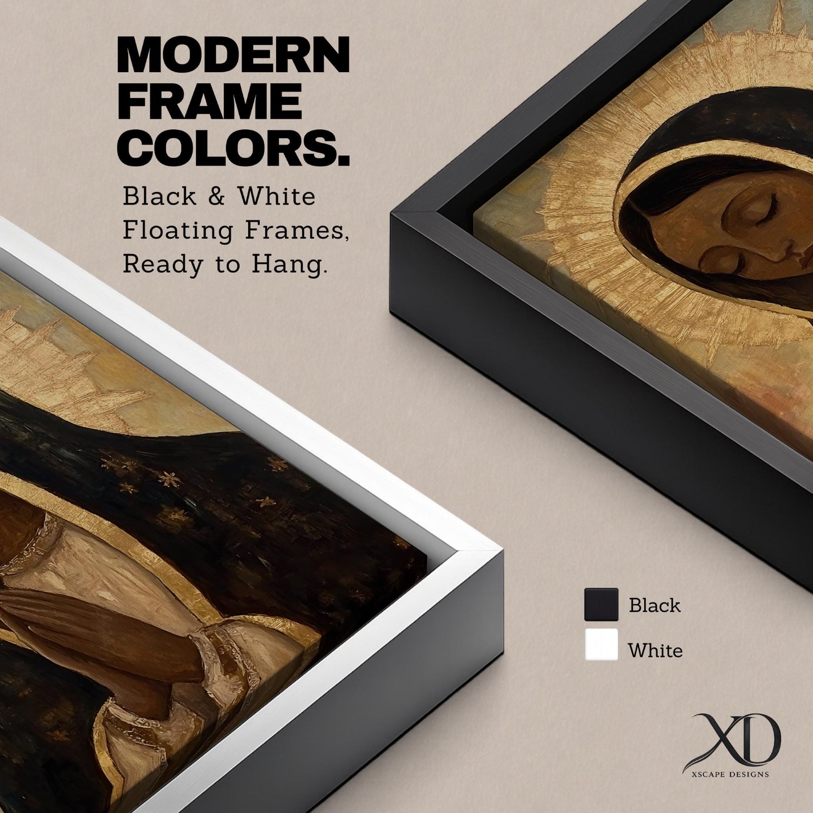 A vintage-style framed canvas painting of Our Lady of Guadalupe depicts the Virgin of Guadalupe with closed eyes and hands clasped in prayer, surrounded by a radiant golden halo. The artwork features traditional Mexican Catholic iconography with a muted color palette and textured brushstrokes.