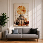 This mesmerizing oil-style artwork depicts the iconic Hagia Sophia (Ayasofya) in Istanbul with its grand domes and soaring minarets dramatically silhouetted against a massive fiery orange sunset orb, warm textured clouds, subtle birds in flight, reflective watery foreground, and soft golden-brown shading that evokes mystery, historical depth, and spiritual grandeur.