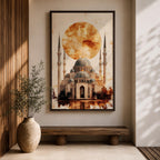 This mesmerizing oil-style artwork depicts the iconic Hagia Sophia (Ayasofya) in Istanbul with its grand domes and soaring minarets dramatically silhouetted against a massive fiery orange sunset orb, warm textured clouds, subtle birds in flight, reflective watery foreground, and soft golden-brown shading that evokes mystery, historical depth, and spiritual grandeur.