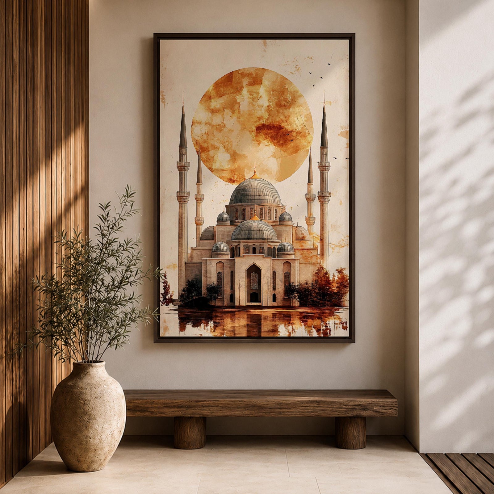 This mesmerizing oil-style artwork depicts the iconic Hagia Sophia (Ayasofya) in Istanbul with its grand domes and soaring minarets dramatically silhouetted against a massive fiery orange sunset orb, warm textured clouds, subtle birds in flight, reflective watery foreground, and soft golden-brown shading that evokes mystery, historical depth, and spiritual grandeur.
