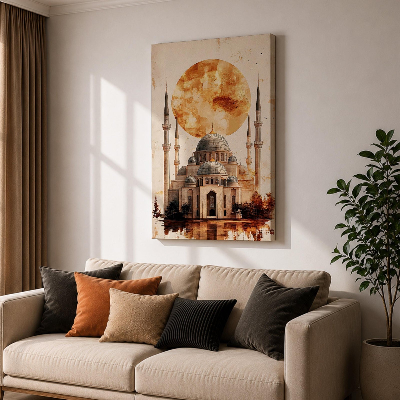 This mesmerizing oil-style artwork depicts the iconic Hagia Sophia (Ayasofya) in Istanbul with its grand domes and soaring minarets dramatically silhouetted against a massive fiery orange sunset orb, warm textured clouds, subtle birds in flight, reflective watery foreground, and soft golden-brown shading that evokes mystery, historical depth, and spiritual grandeur.