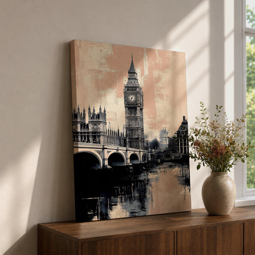 A vintage style framed canvas print depicting Big Ben and the Elizabeth Tower in London with detailed architectural features and reflections on the river, rendered in a muted, textured cityscape style.