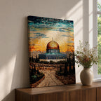 This exquisite mosaic-style artwork portrays the sacred Dome of the Rock at Masjid Al-Aqsa in Jerusalem, crafted from shimmering tile fragments in radiant golden, turquoise, and blue hues, with the iconic golden dome glowing against a radiant sunset sky of orange and yellow mosaic pieces, framed by ancient stone walls, cypress trees, and rocky terraces evoking profound spiritual artistry and timeless reverence.