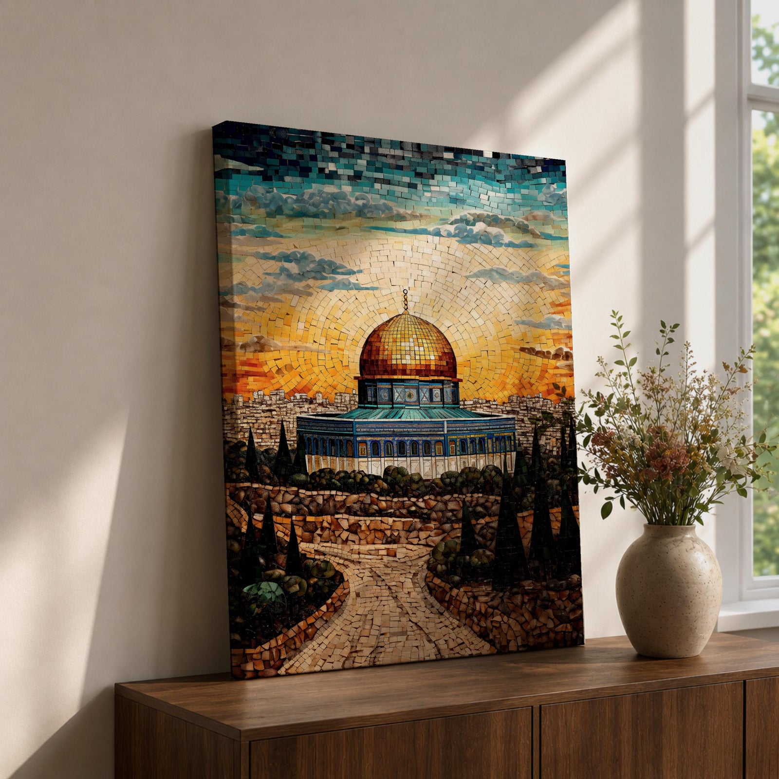 This exquisite mosaic-style artwork portrays the sacred Dome of the Rock at Masjid Al-Aqsa in Jerusalem, crafted from shimmering tile fragments in radiant golden, turquoise, and blue hues, with the iconic golden dome glowing against a radiant sunset sky of orange and yellow mosaic pieces, framed by ancient stone walls, cypress trees, and rocky terraces evoking profound spiritual artistry and timeless reverence.