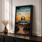 This exquisite mosaic-style artwork portrays the sacred Dome of the Rock at Masjid Al-Aqsa in Jerusalem, crafted from shimmering tile fragments in radiant golden, turquoise, and blue hues, with the iconic golden dome glowing against a radiant sunset sky of orange and yellow mosaic pieces, framed by ancient stone walls, cypress trees, and rocky terraces evoking profound spiritual artistry and timeless reverence.