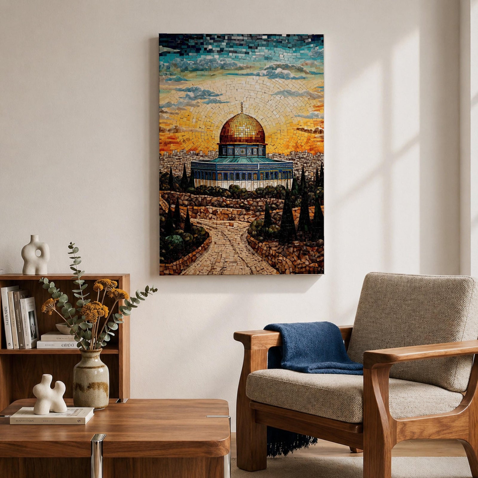 This exquisite mosaic-style artwork portrays the sacred Dome of the Rock at Masjid Al-Aqsa in Jerusalem, crafted from shimmering tile fragments in radiant golden, turquoise, and blue hues, with the iconic golden dome glowing against a radiant sunset sky of orange and yellow mosaic pieces, framed by ancient stone walls, cypress trees, and rocky terraces evoking profound spiritual artistry and timeless reverence.