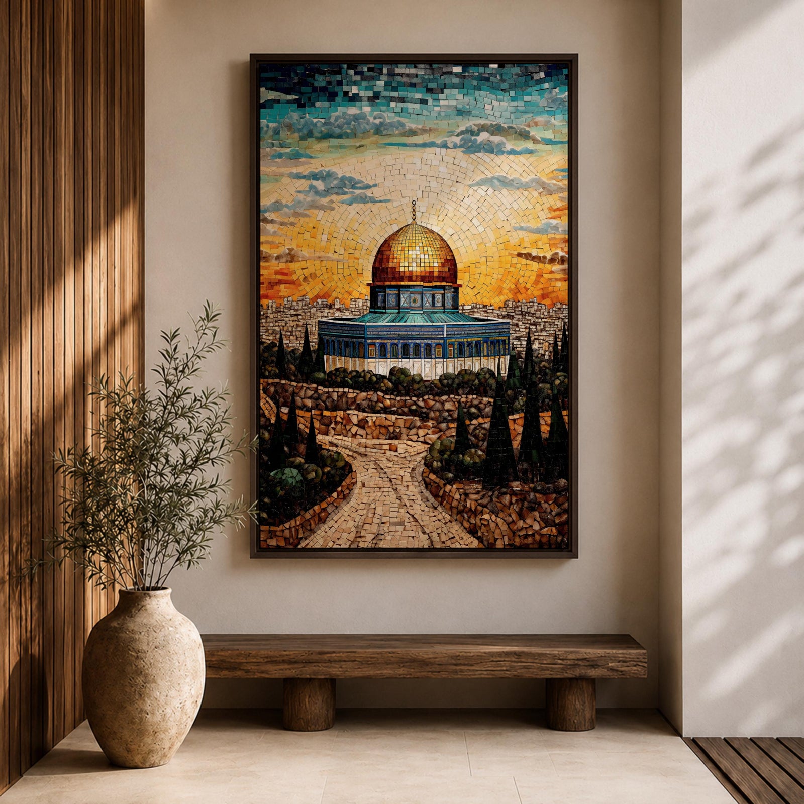 This exquisite mosaic-style artwork portrays the sacred Dome of the Rock at Masjid Al-Aqsa in Jerusalem, crafted from shimmering tile fragments in radiant golden, turquoise, and blue hues, with the iconic golden dome glowing against a radiant sunset sky of orange and yellow mosaic pieces, framed by ancient stone walls, cypress trees, and rocky terraces evoking profound spiritual artistry and timeless reverence.