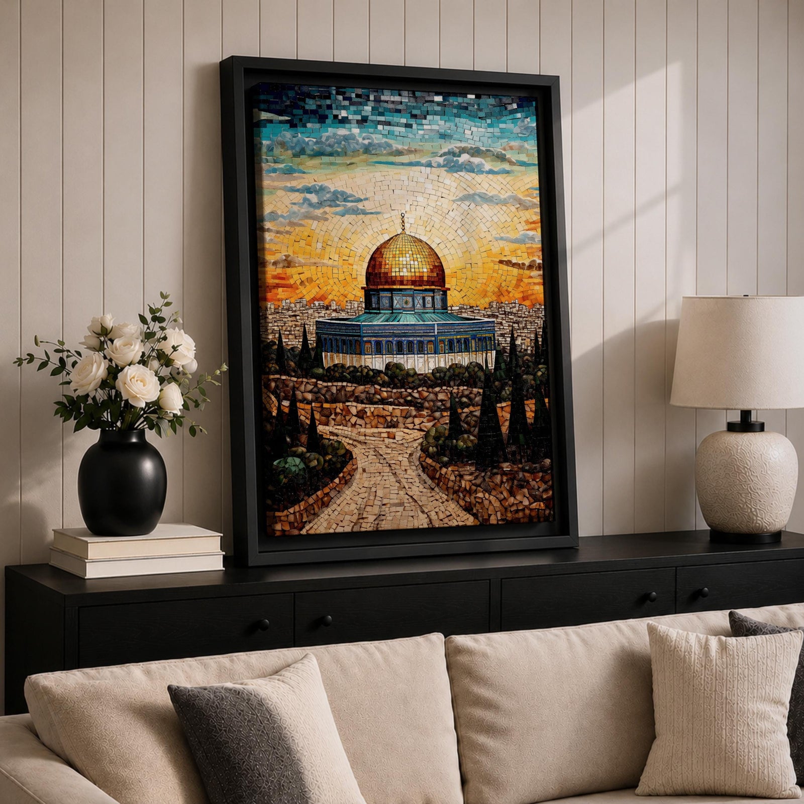 This exquisite mosaic-style artwork portrays the sacred Dome of the Rock at Masjid Al-Aqsa in Jerusalem, crafted from shimmering tile fragments in radiant golden, turquoise, and blue hues, with the iconic golden dome glowing against a radiant sunset sky of orange and yellow mosaic pieces, framed by ancient stone walls, cypress trees, and rocky terraces evoking profound spiritual artistry and timeless reverence.