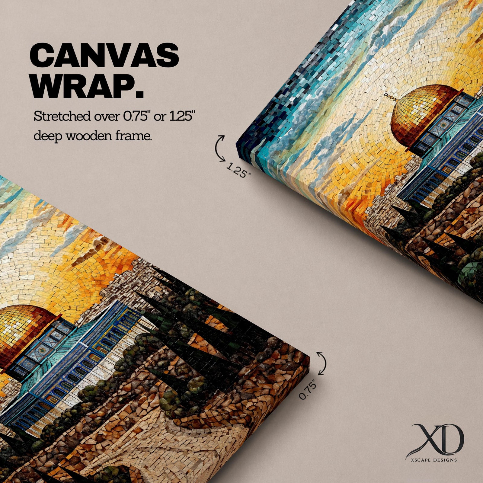 This exquisite mosaic-style artwork portrays the sacred Dome of the Rock at Masjid Al-Aqsa in Jerusalem, crafted from shimmering tile fragments in radiant golden, turquoise, and blue hues, with the iconic golden dome glowing against a radiant sunset sky of orange and yellow mosaic pieces, framed by ancient stone walls, cypress trees, and rocky terraces evoking profound spiritual artistry and timeless reverence.