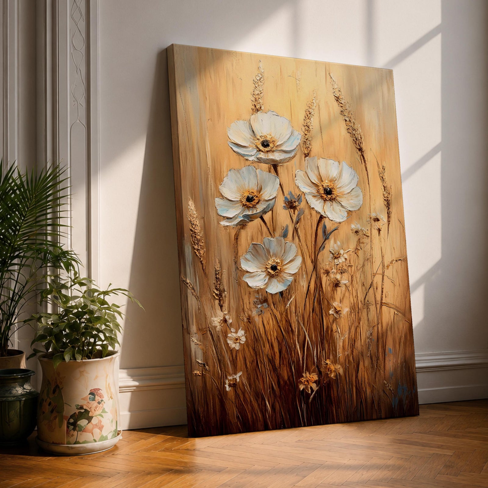 A framed canvas painting featuring textured impasto wildflowers and field flowers with tall grasses in a rustic style. The floral composition uses thick brush strokes to create depth and dimension, emphasizing natural elements in a warm, earthy palette.