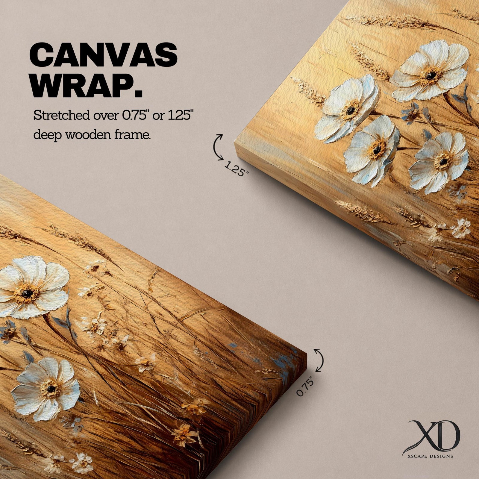 A framed canvas painting featuring textured impasto wildflowers and field flowers with tall grasses in a rustic style. The floral composition uses thick brush strokes to create depth and dimension, emphasizing natural elements in a warm, earthy palette.