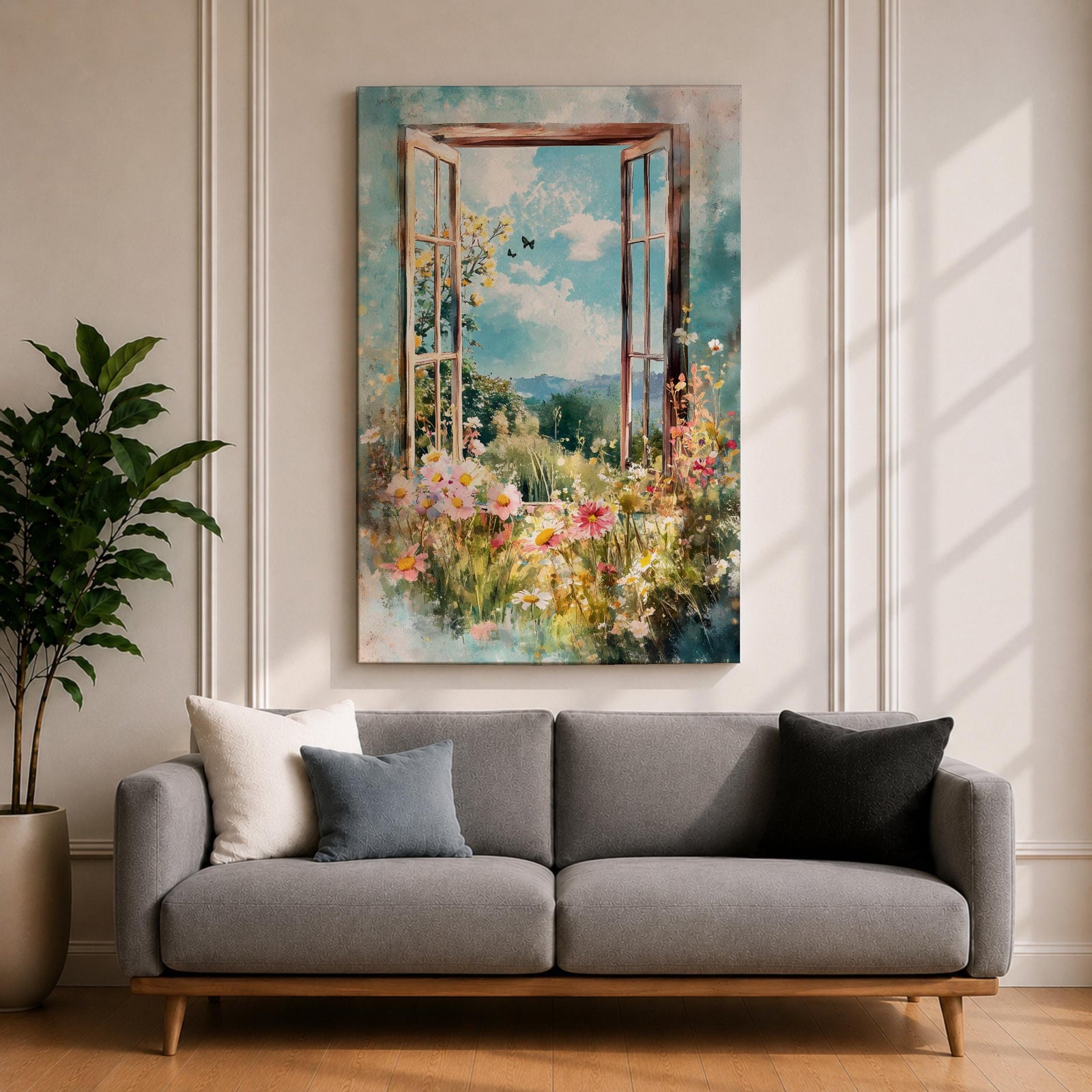 A watercolor painting of an open window revealing a vibrant garden filled with blooming flowers and greenery under a bright blue sky with clouds and butterflies, capturing a peaceful countryside nature scene with soft, flowing brushstrokes and a delicate floral composition.