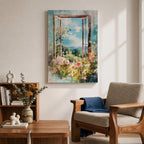A watercolor painting of an open window revealing a vibrant garden filled with blooming flowers and greenery under a bright blue sky with clouds and butterflies, capturing a peaceful countryside nature scene with soft, flowing brushstrokes and a delicate floral composition.