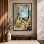 A watercolor painting of an open window revealing a vibrant garden filled with blooming flowers and greenery under a bright blue sky with clouds and butterflies, capturing a peaceful countryside nature scene with soft, flowing brushstrokes and a delicate floral composition.