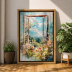 A watercolor painting of an open window revealing a vibrant garden filled with blooming flowers and greenery under a bright blue sky with clouds and butterflies, capturing a peaceful countryside nature scene with soft, flowing brushstrokes and a delicate floral composition.
