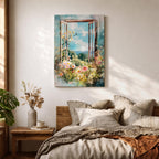 A watercolor painting of an open window revealing a vibrant garden filled with blooming flowers and greenery under a bright blue sky with clouds and butterflies, capturing a peaceful countryside nature scene with soft, flowing brushstrokes and a delicate floral composition.