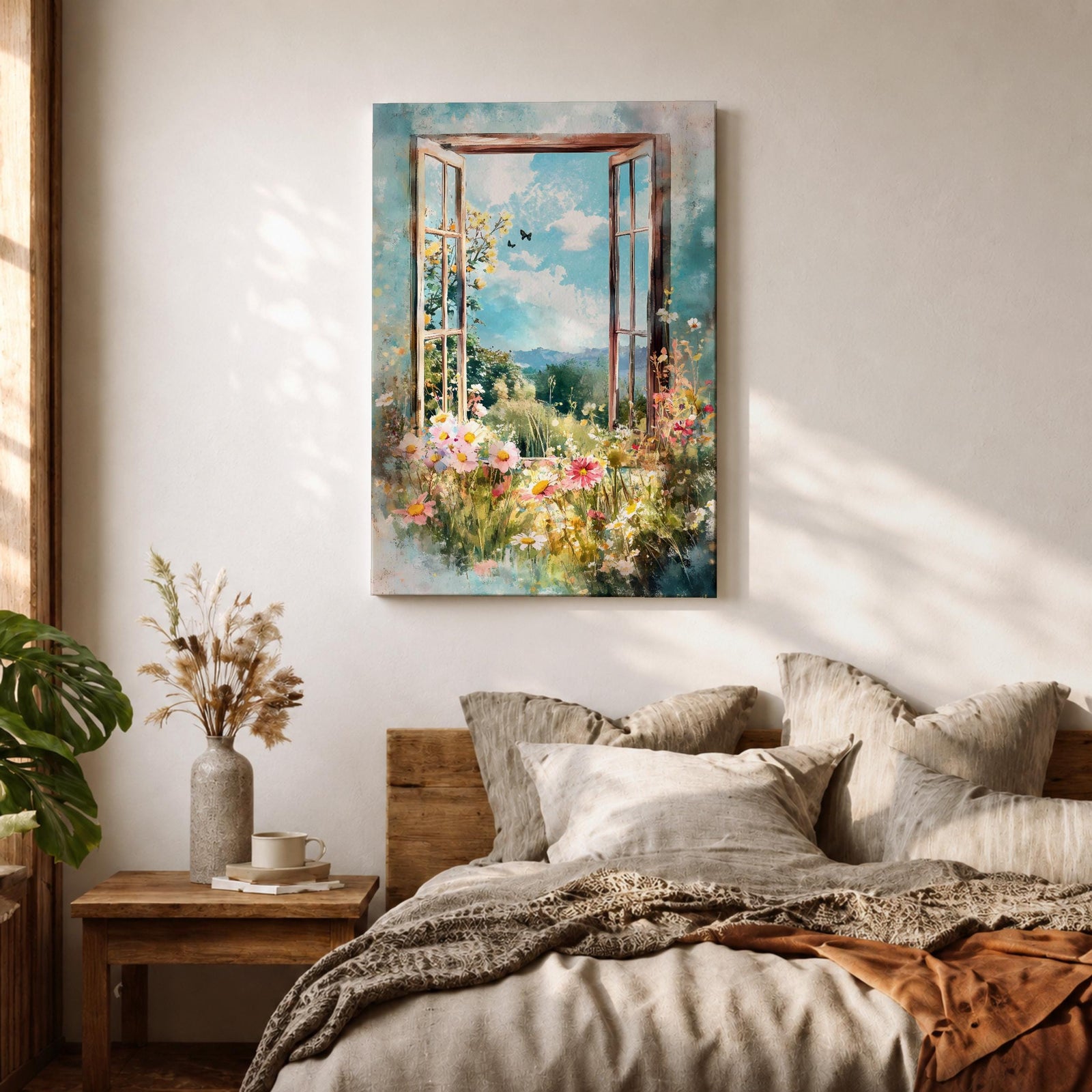 A watercolor painting of an open window revealing a vibrant garden filled with blooming flowers and greenery under a bright blue sky with clouds and butterflies, capturing a peaceful countryside nature scene with soft, flowing brushstrokes and a delicate floral composition.