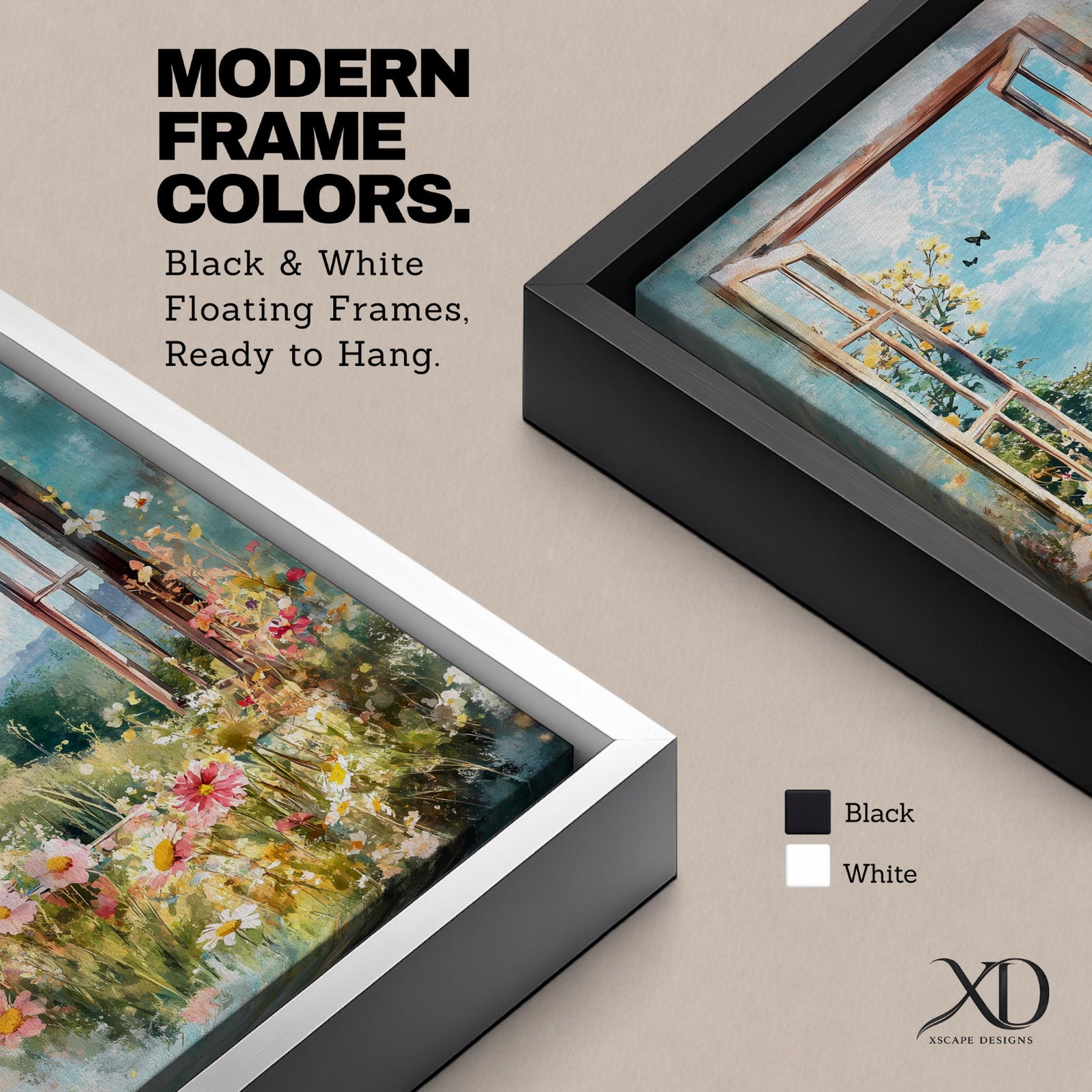 A watercolor painting of an open window revealing a vibrant garden filled with blooming flowers and greenery under a bright blue sky with clouds and butterflies, capturing a peaceful countryside nature scene with soft, flowing brushstrokes and a delicate floral composition.