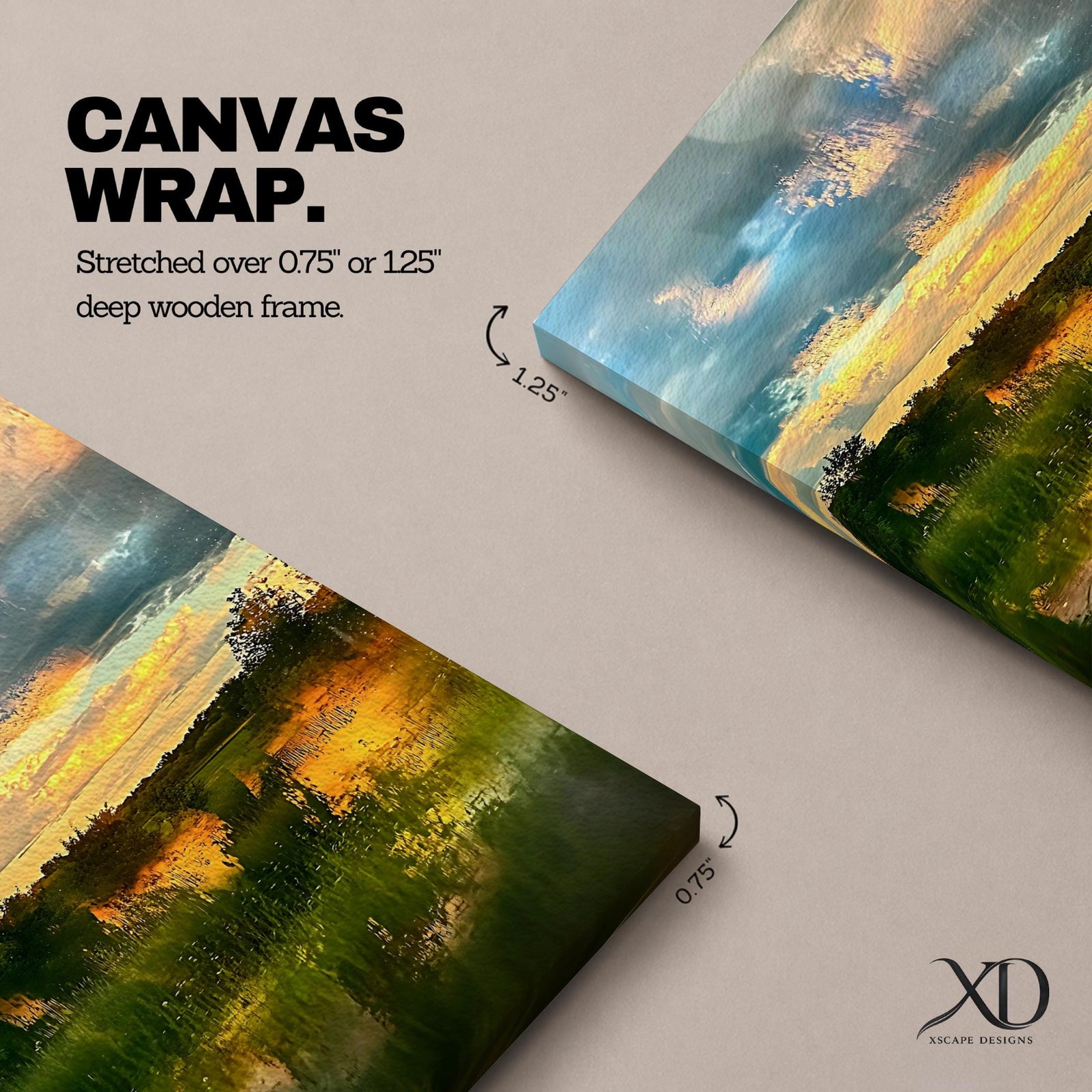 A framed vintage-style artwork depicting a sunset landscape with a serene country scene featuring grassy fields, trees, and a dramatic sky with clouds reflecting warm light, rendered in a painterly vintage aesthetic emphasizing natural beauty and tranquility.