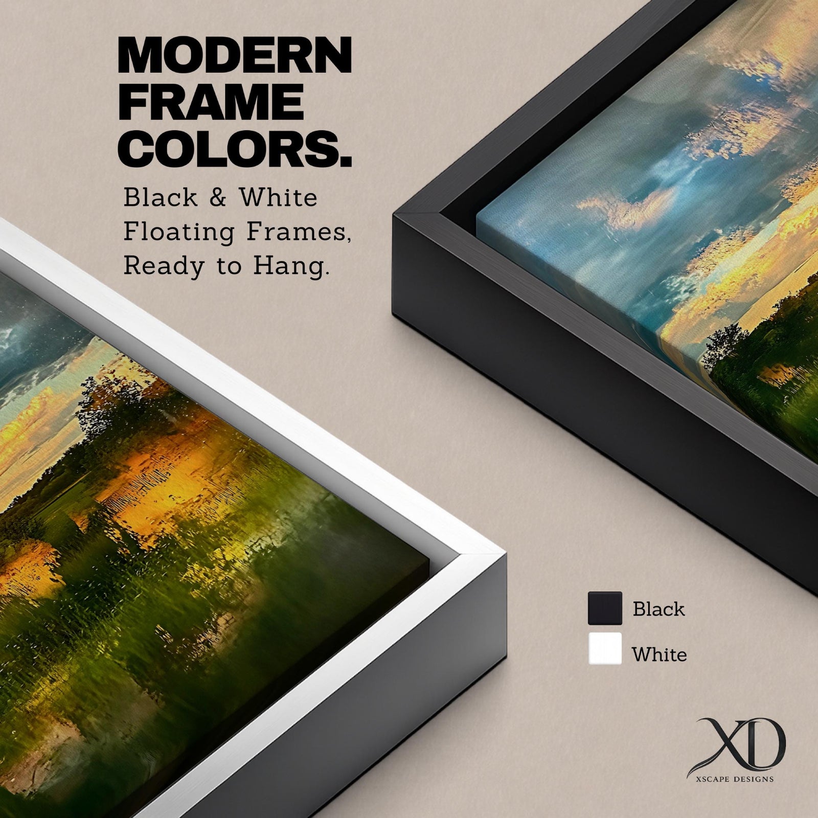 A framed vintage-style artwork depicting a sunset landscape with a serene country scene featuring grassy fields, trees, and a dramatic sky with clouds reflecting warm light, rendered in a painterly vintage aesthetic emphasizing natural beauty and tranquility.