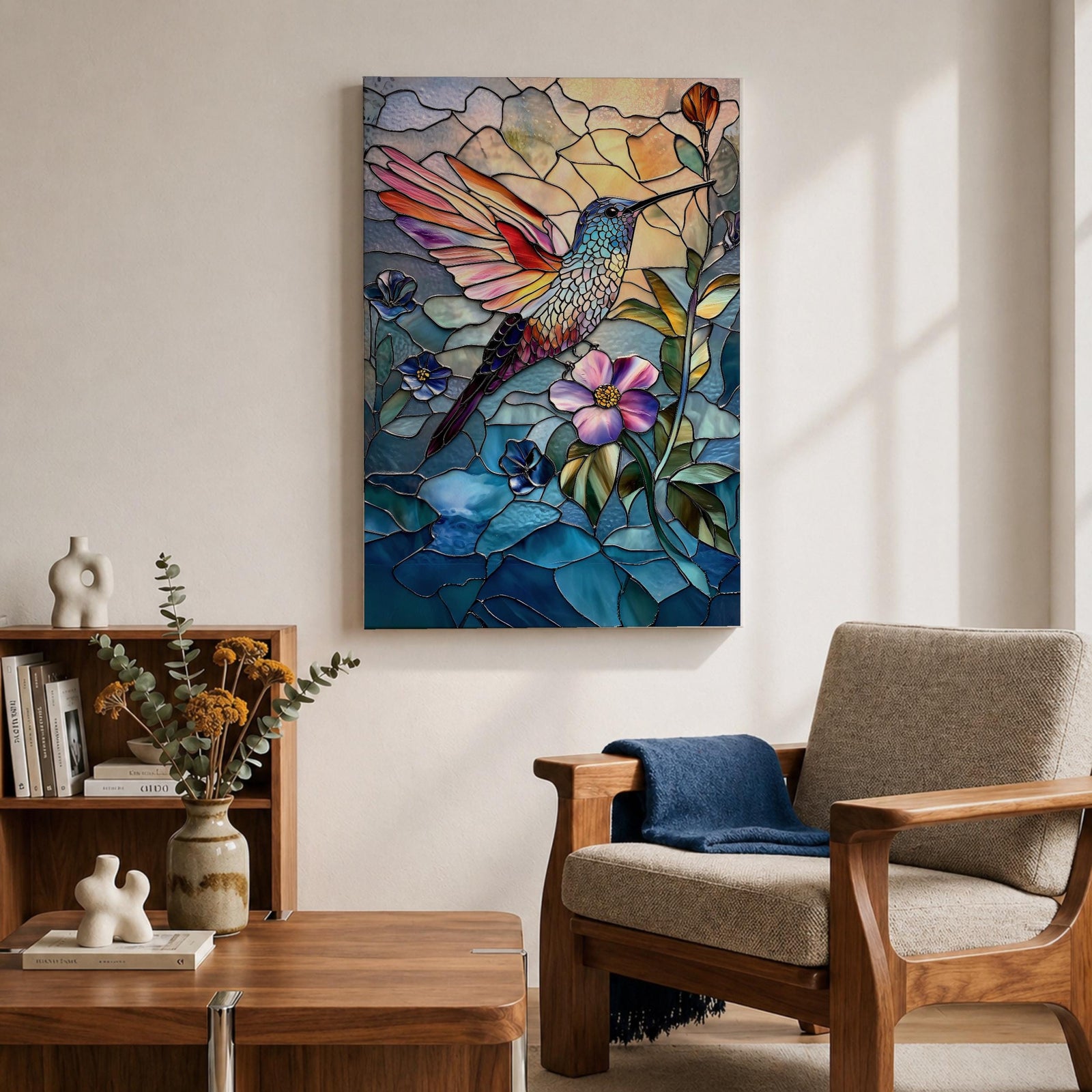 Hummingbird Bird Wall Art Nectar Flyer Floral Stained Glass Gift Living Room Home Decor
