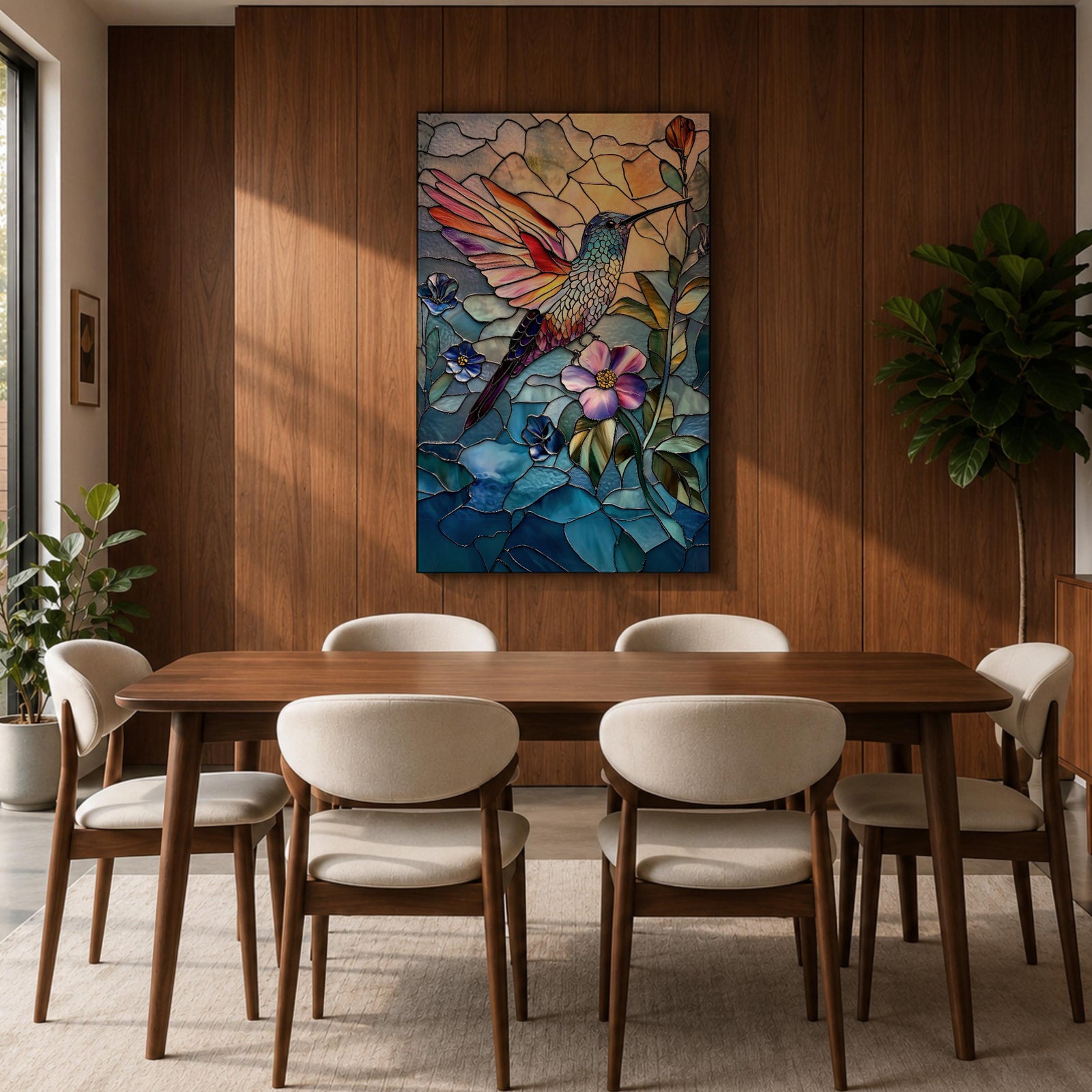 Hummingbird Bird Wall Art Nectar Flyer Floral Stained Glass Gift Living Room Home Decor