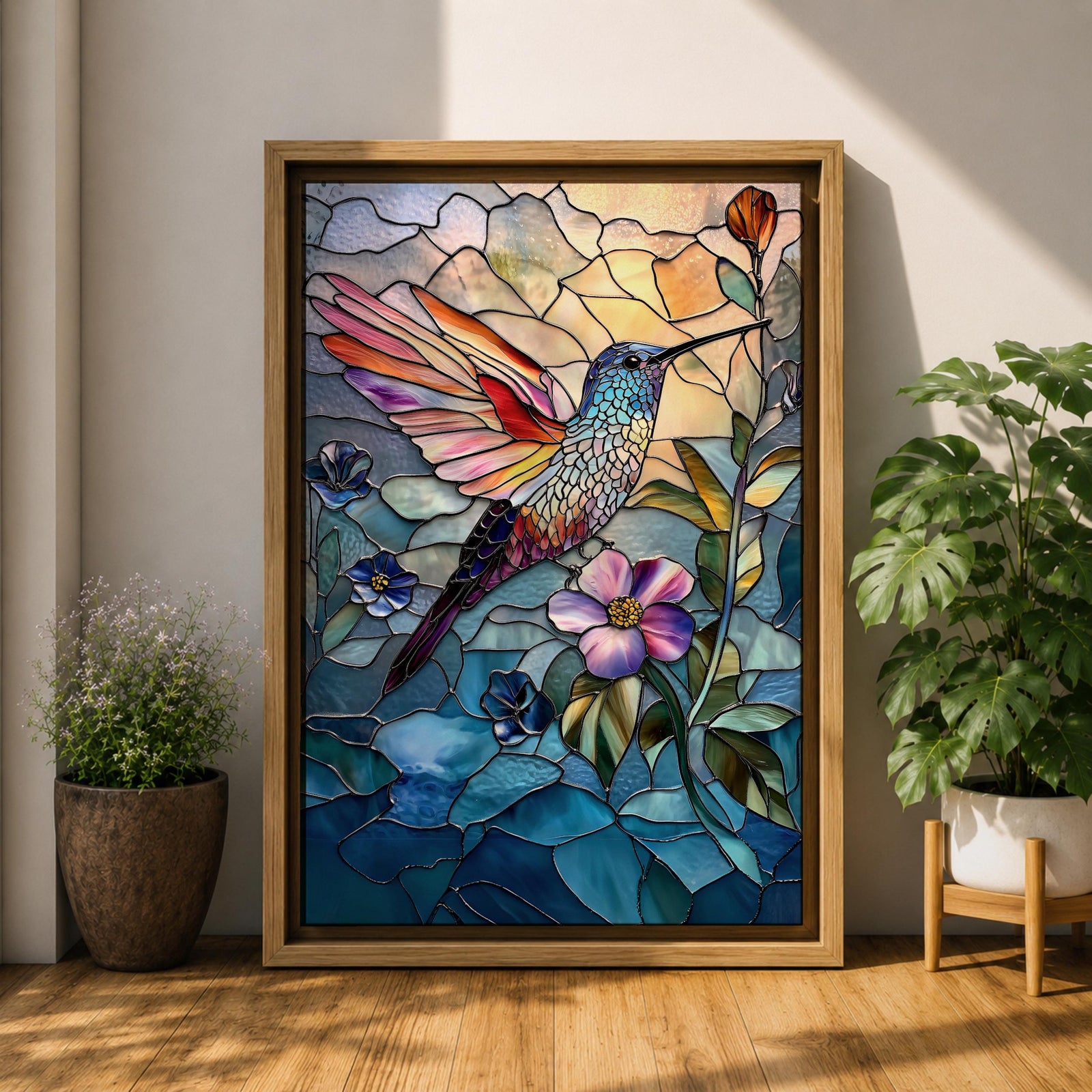 Hummingbird Bird Wall Art Nectar Flyer Floral Stained Glass Gift Living Room Home Decor