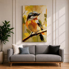 A vibrant impasto painting of a songbird perched on a branch, rendered with thick textured brushstrokes in warm tones. The artwork captures the bird's delicate features and lively posture against an abstract natural background, emphasizing expressive color and texture.