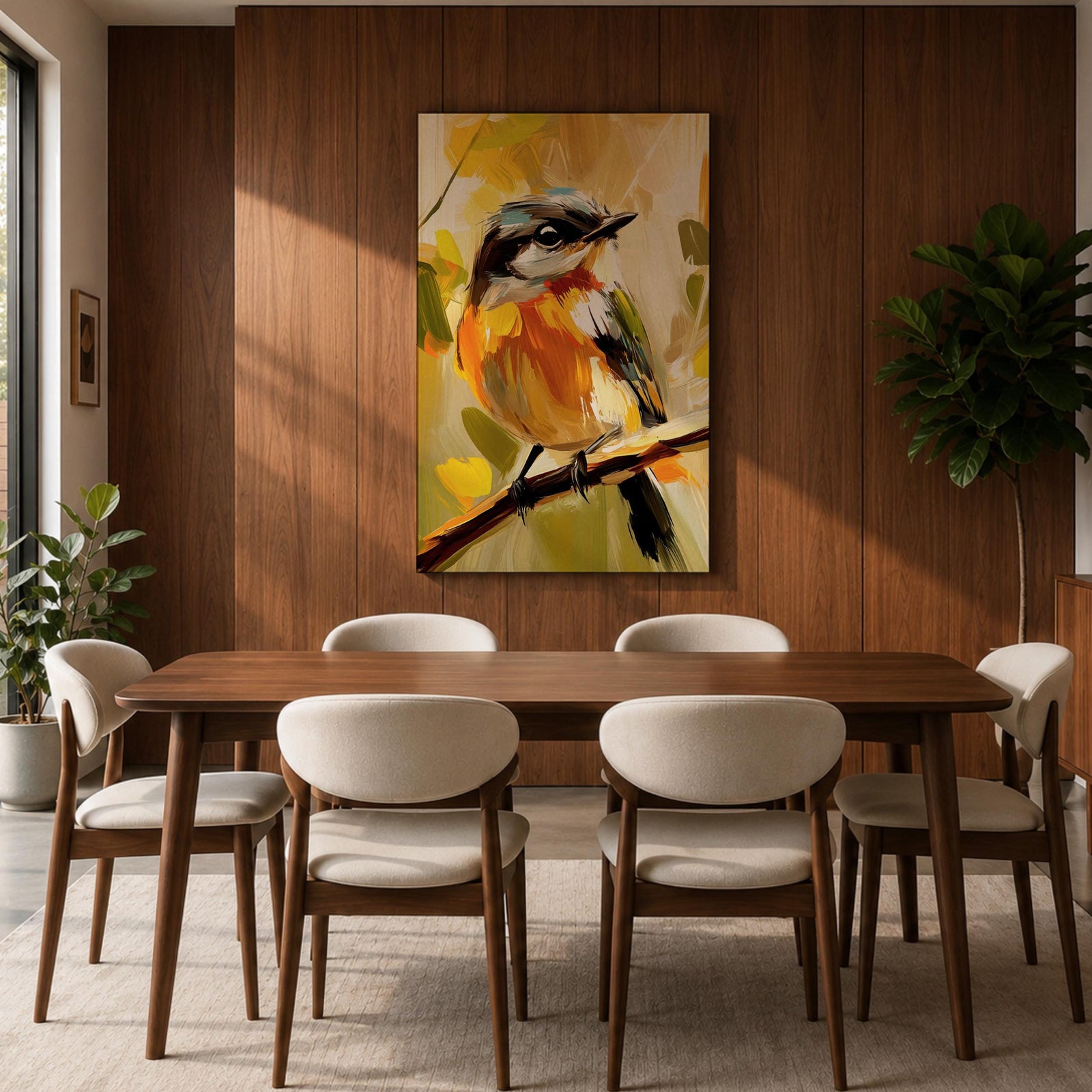 A vibrant impasto painting of a songbird perched on a branch, rendered with thick textured brushstrokes in warm tones. The artwork captures the bird's delicate features and lively posture against an abstract natural background, emphasizing expressive color and texture.