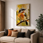 A vibrant impasto painting of a songbird perched on a branch, rendered with thick textured brushstrokes in warm tones. The artwork captures the bird's delicate features and lively posture against an abstract natural background, emphasizing expressive color and texture.