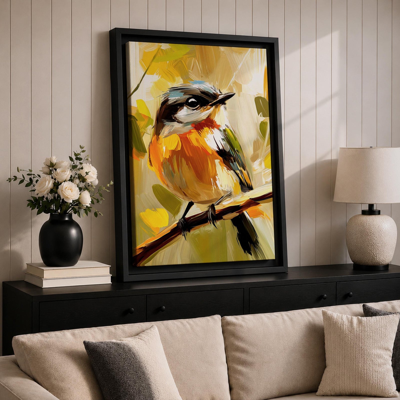 A vibrant impasto painting of a songbird perched on a branch, rendered with thick textured brushstrokes in warm tones. The artwork captures the bird's delicate features and lively posture against an abstract natural background, emphasizing expressive color and texture.