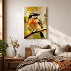 A vibrant impasto painting of a songbird perched on a branch, rendered with thick textured brushstrokes in warm tones. The artwork captures the bird's delicate features and lively posture against an abstract natural background, emphasizing expressive color and texture.