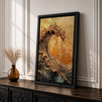 A textured framed canvas artwork depicting a large curling ocean wave with intricate raised details and a vintage style. The wave is rendered with thick brush strokes and layered textures in warm golden and earthy tones, creating a dynamic and tactile representation of coastal nature.