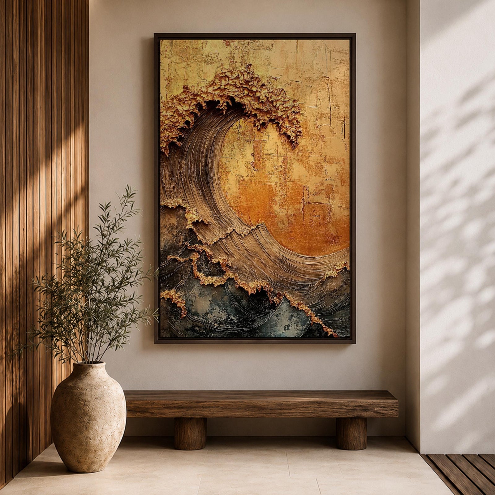 A textured framed canvas artwork depicting a large curling ocean wave with intricate raised details and a vintage style. The wave is rendered with thick brush strokes and layered textures in warm golden and earthy tones, creating a dynamic and tactile representation of coastal nature.