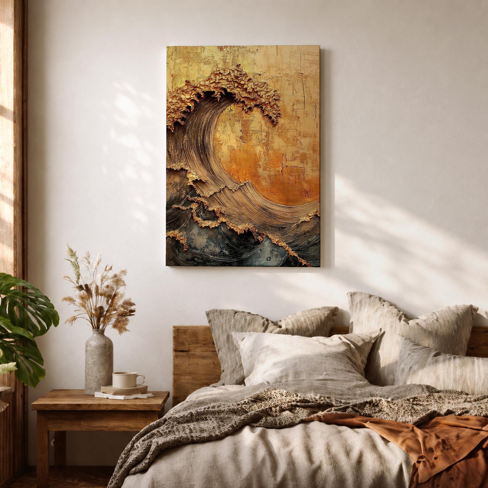 A textured framed canvas artwork depicting a large curling ocean wave with intricate raised details and a vintage style. The wave is rendered with thick brush strokes and layered textures in warm golden and earthy tones, creating a dynamic and tactile representation of coastal nature.