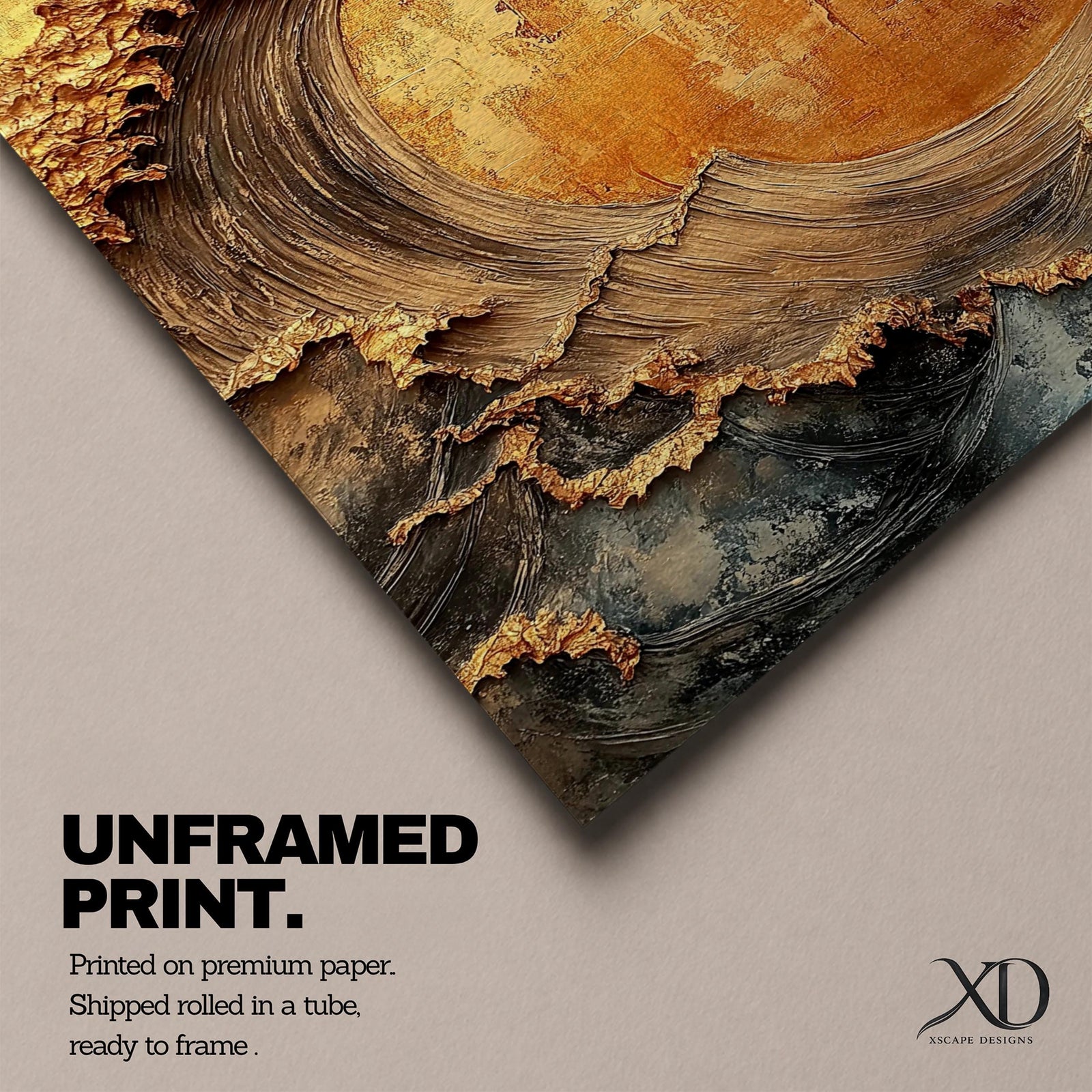 A textured framed canvas artwork depicting a large curling ocean wave with intricate raised details and a vintage style. The wave is rendered with thick brush strokes and layered textures in warm golden and earthy tones, creating a dynamic and tactile representation of coastal nature.