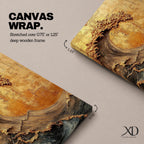 A textured framed canvas artwork depicting a large curling ocean wave with intricate raised details and a vintage style. The wave is rendered with thick brush strokes and layered textures in warm golden and earthy tones, creating a dynamic and tactile representation of coastal nature.