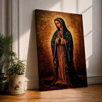 Painting of Our Lady of Guadalupe standing with hands clasped in prayer, wearing a long rose gown and dark star covered mantle, surrounded by radiant golden rays forming a halo behind her figure. The composition presents the Virgin in a traditional devotional icon style with serene expression and symmetrical vertical framing.