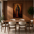 Painting of Our Lady of Guadalupe standing with hands clasped in prayer, wearing a long rose gown and dark star covered mantle, surrounded by radiant golden rays forming a halo behind her figure. The composition presents the Virgin in a traditional devotional icon style with serene expression and symmetrical vertical framing.