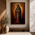 Painting of Our Lady of Guadalupe standing with hands clasped in prayer, wearing a long rose gown and dark star covered mantle, surrounded by radiant golden rays forming a halo behind her figure. The composition presents the Virgin in a traditional devotional icon style with serene expression and symmetrical vertical framing.