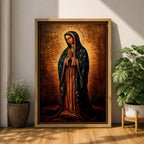 Painting of Our Lady of Guadalupe standing with hands clasped in prayer, wearing a long rose gown and dark star covered mantle, surrounded by radiant golden rays forming a halo behind her figure. The composition presents the Virgin in a traditional devotional icon style with serene expression and symmetrical vertical framing.