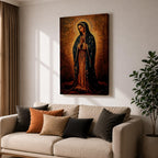 Painting of Our Lady of Guadalupe standing with hands clasped in prayer, wearing a long rose gown and dark star covered mantle, surrounded by radiant golden rays forming a halo behind her figure. The composition presents the Virgin in a traditional devotional icon style with serene expression and symmetrical vertical framing.