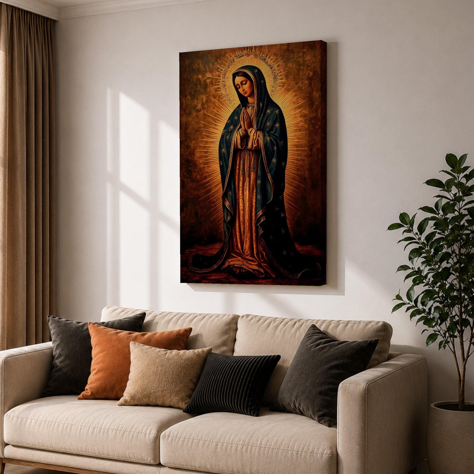 Painting of Our Lady of Guadalupe standing with hands clasped in prayer, wearing a long rose gown and dark star covered mantle, surrounded by radiant golden rays forming a halo behind her figure. The composition presents the Virgin in a traditional devotional icon style with serene expression and symmetrical vertical framing.