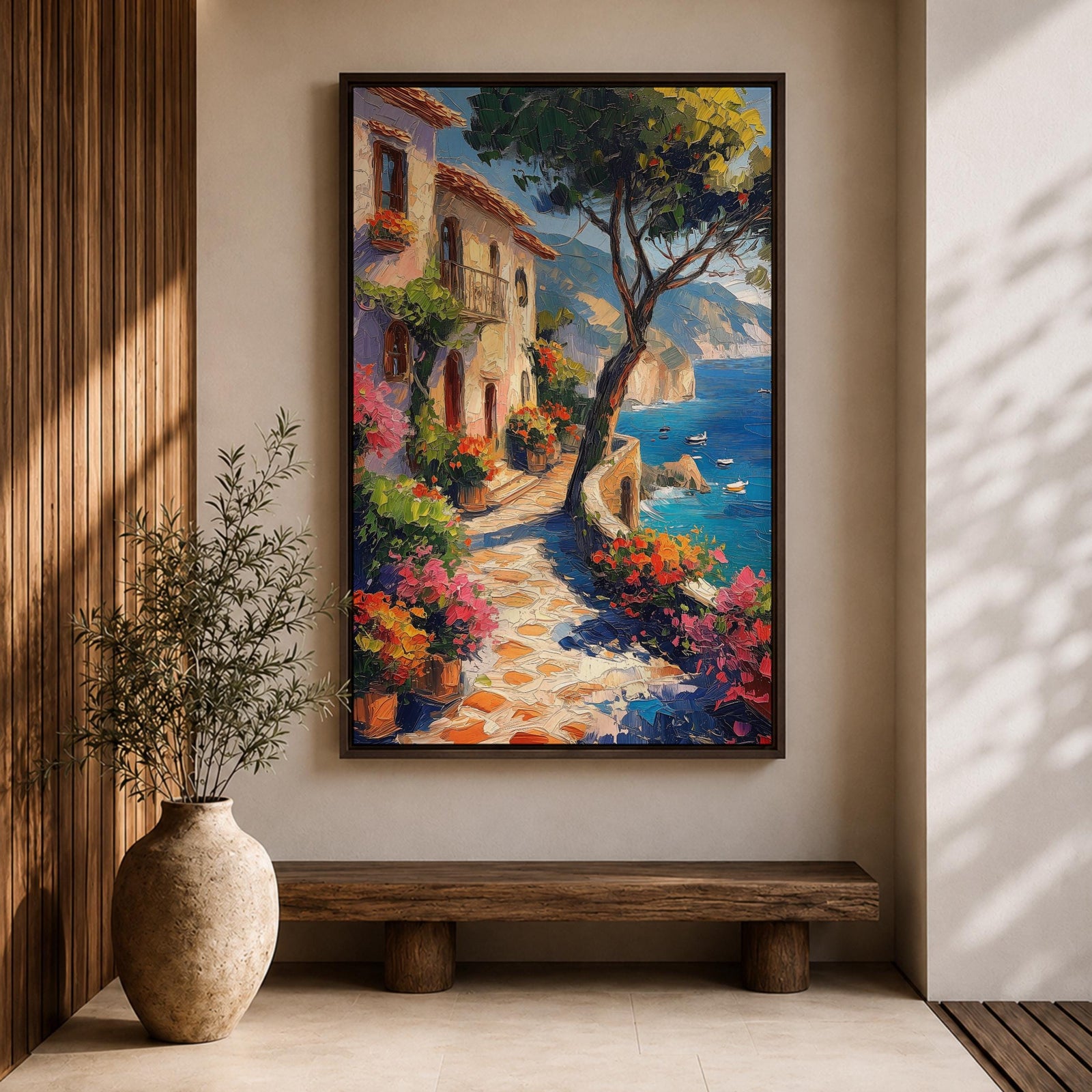 This artwork depicts a Mediterranean coastal scene featuring a charming seaside pathway lined with vibrant flowers and rustic buildings. The textured brushstrokes create a lively impressionistic landscape with a tree in the foreground and boats floating on the blue sea, capturing the essence of coastal tranquility.