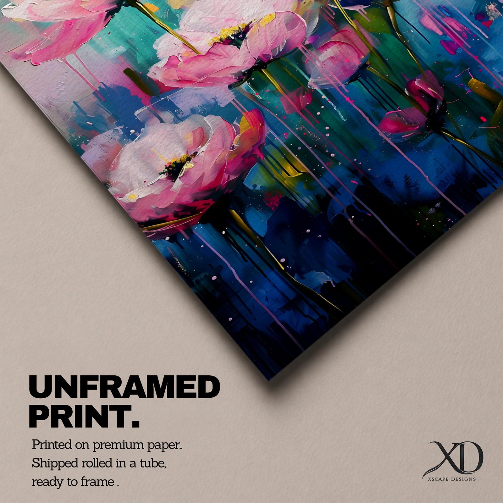 A framed watercolor painting featuring vibrant pink floral blooms with delicate petals and green stems. The artwork blends soft washes of color with bold brush strokes, creating a lively botanical composition that captures the essence of blooming flowers in an expressive and fluid style.
